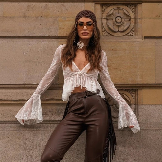 Bohemian Cover-Up Blouse - Floral Sleeve Crop Top | Free Shipping