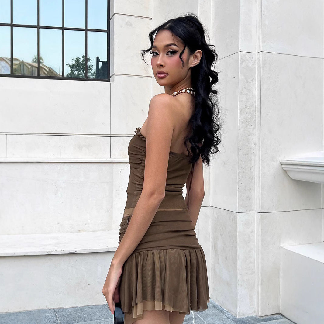 Y2K Mesh Outfit - Halter Top & Pleated Skirt | Free Shipping|Crypto Payments