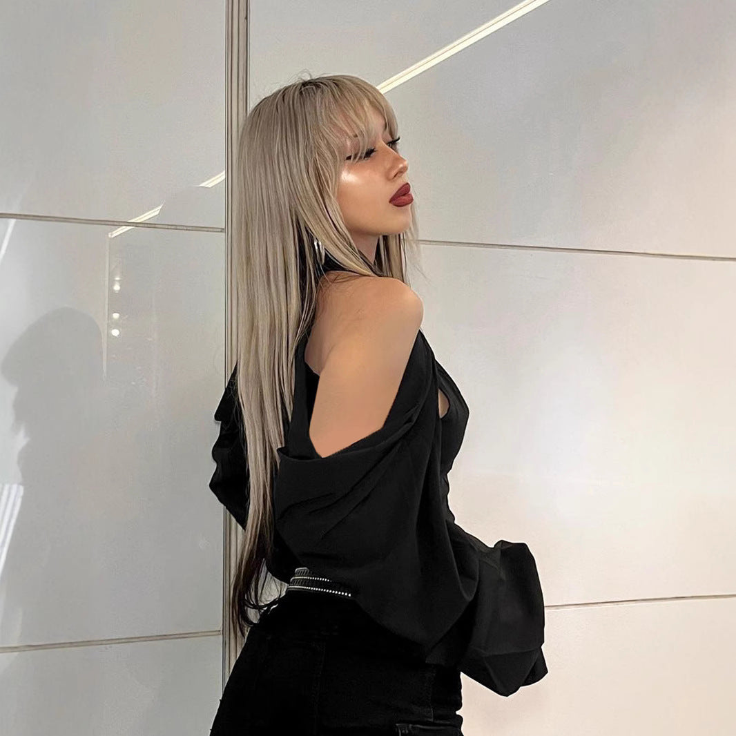 Gothic Off-Shoulder Blouse - Bell Sleeve Button-Up Shirt with Waist Tie | Free Shipping