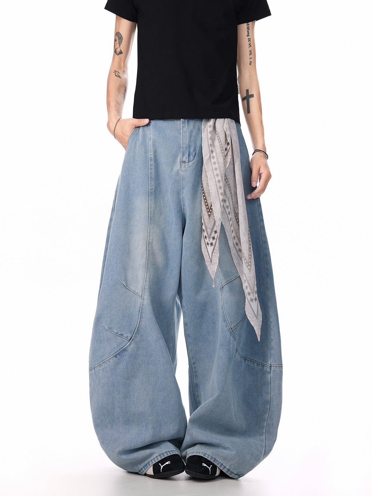 Deconstructed Bandana Wide-Leg Jeans – Unisex Summer Streetwear | Scimitar Cut | Free Shipping | Crypto Payments Accepted