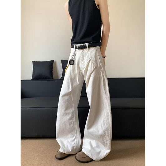 Wrinkled White Wide-Leg Jeans – Men’s Loose Draped Straight Pants | Summer Lazy Style | Free Shipping | Crypto Accepted