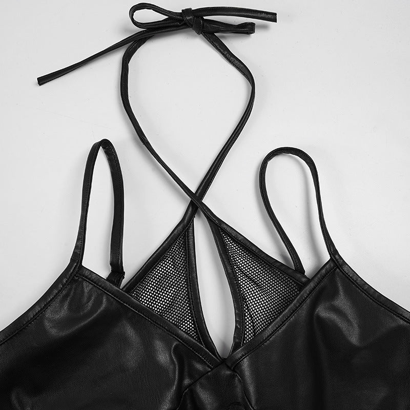 Punk Leather & Lace Halter Top - Edgy Corset Bustier Cropped Top | Free Shipping