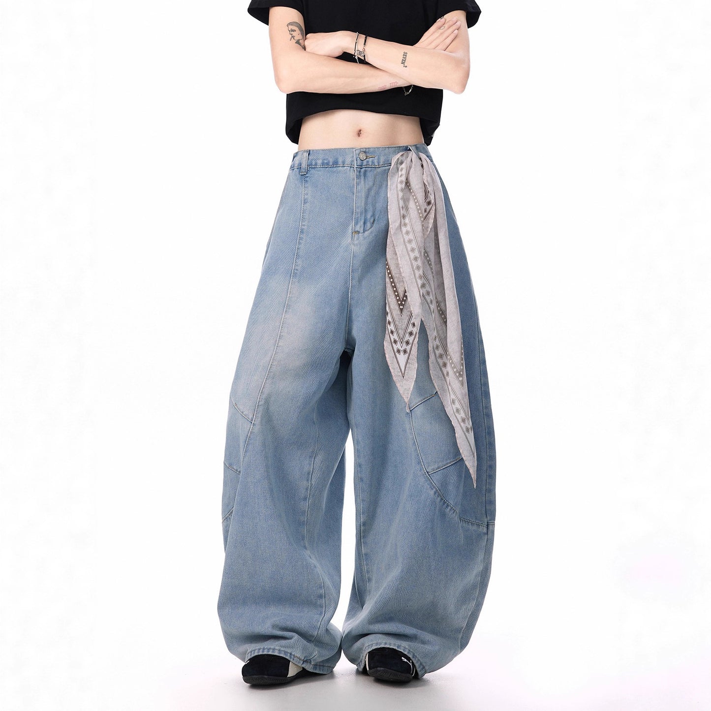 Deconstructed Bandana Wide-Leg Jeans – Unisex Summer Streetwear | Scimitar Cut | Free Shipping | Crypto Payments Accepted