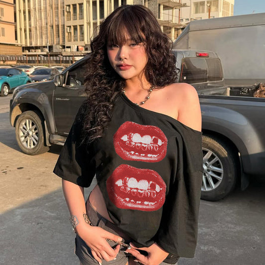 Lips Print Street Tee - Off-Shoulder Oversized Shirt | Free Shipping|Crypto Payments