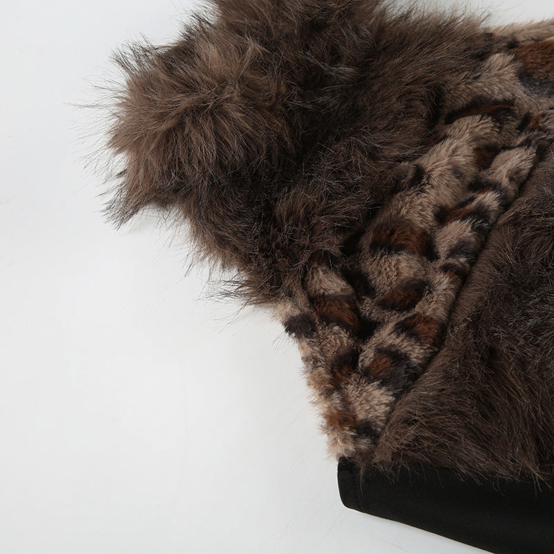 Leopard Print Faux Fur Crop Top - High Neck Cold-Shoulder Bustier | Free Shipping|Crypto Payments