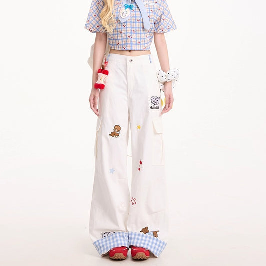 Dog Embroidery Wide-Leg Cargo Jeans – Women’s Vintage Streetwear | Loose Slimming Fit | Free Shipping | Crypto Accepted