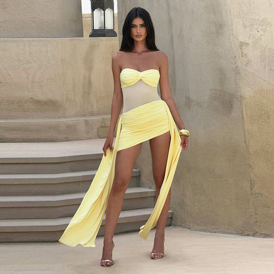 Sexy Strapless Backless Mesh Ruched Mini Dress – Bodycon Clubwear, Free Shipping, Crypto Accepted