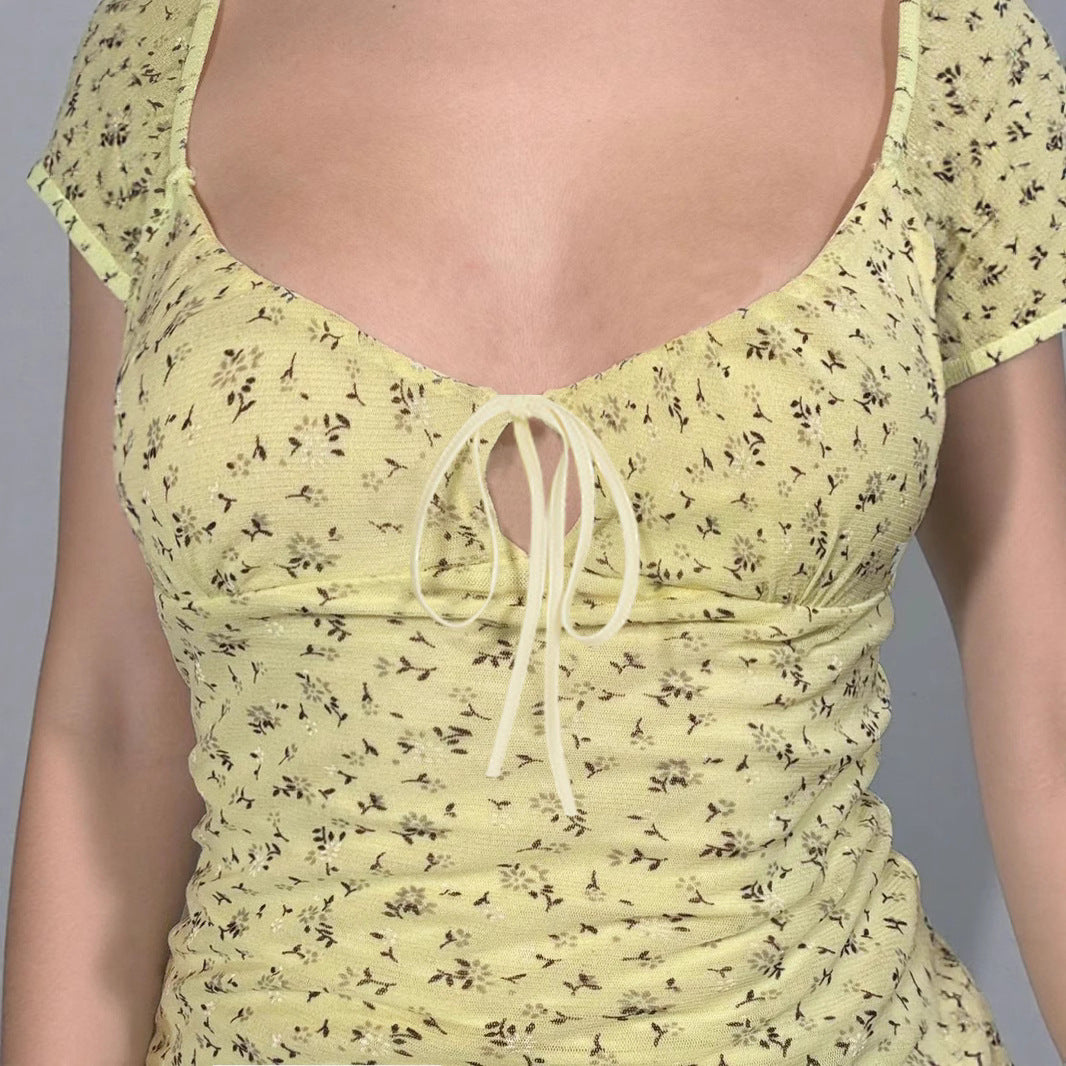 Floral Mesh Crop Top - Sweet & Sexy Tie-Front Tee | Free Shipping|Crypto Payments