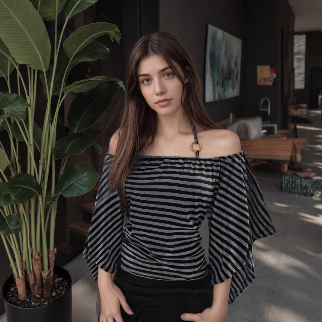 Retro Striped Off-Shoulder Top - Beaded Halter Neck Blouse| Crypto Payments