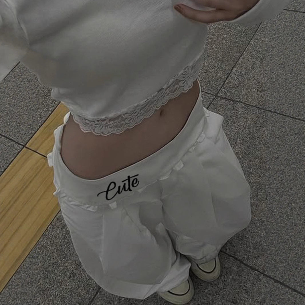 Lace Trim Wide-Leg Pants - Embroidered Waist Trousers | Crypto Payments