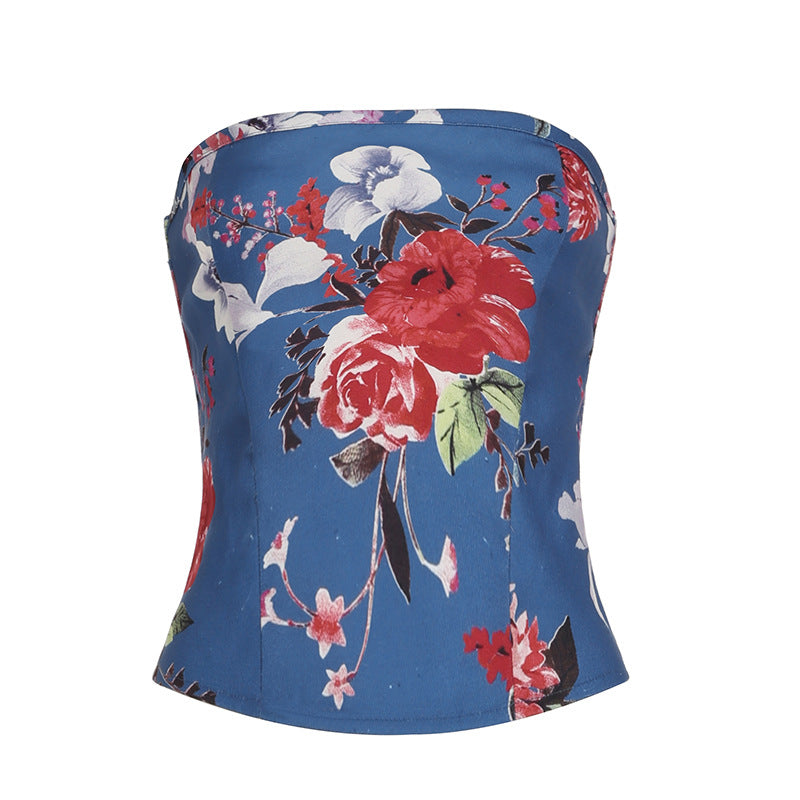 Vintage Floral Print Bustier Crop Top – Stretchy Feminine Layering Piece | Crypto Payments Accepted