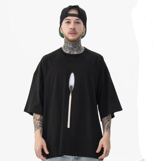 Matchstick Candle Graphic Tee - Vintage Foam Print Streetwear T-Shirt for Men
