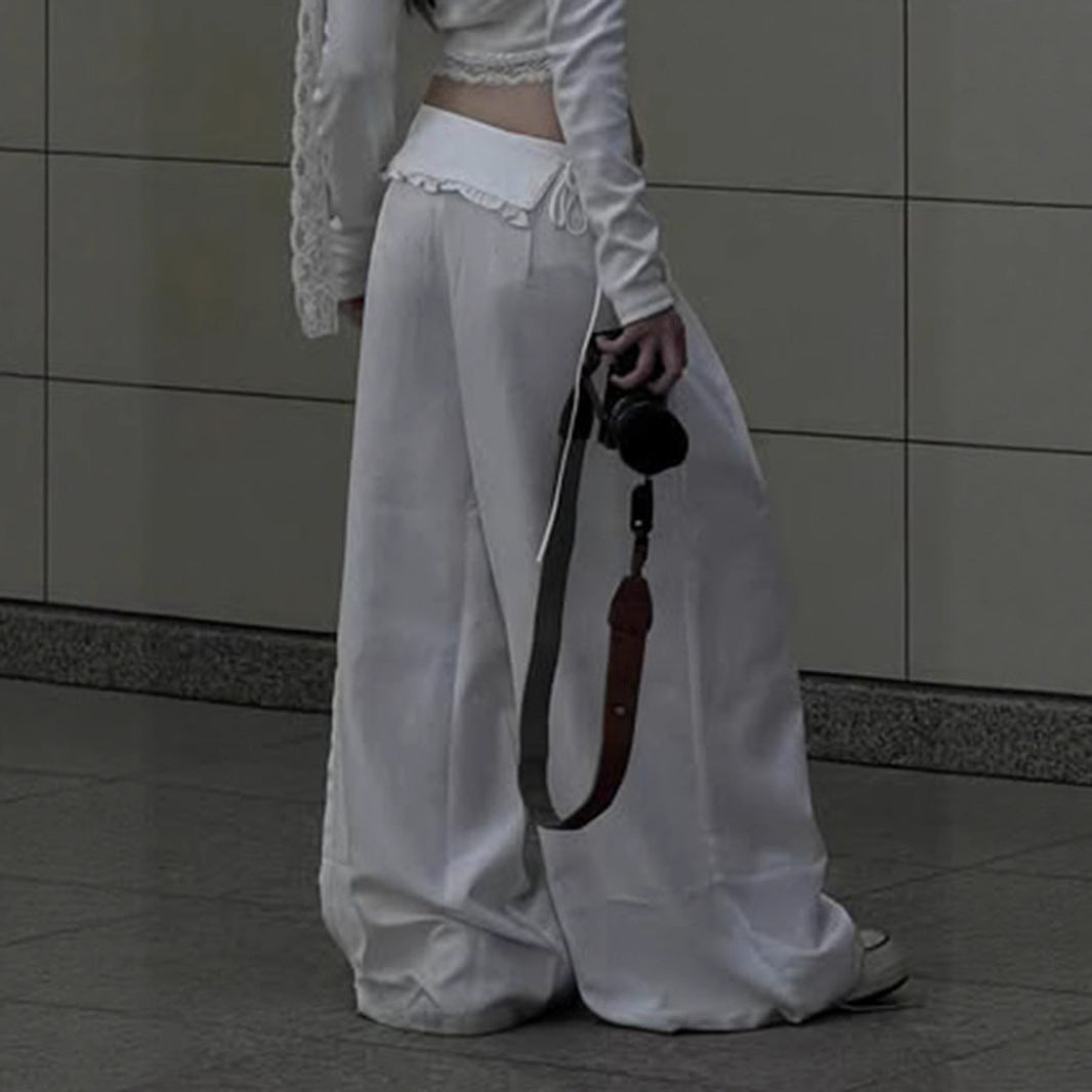 Lace Trim Wide-Leg Pants - Embroidered Waist Trousers | Crypto Payments