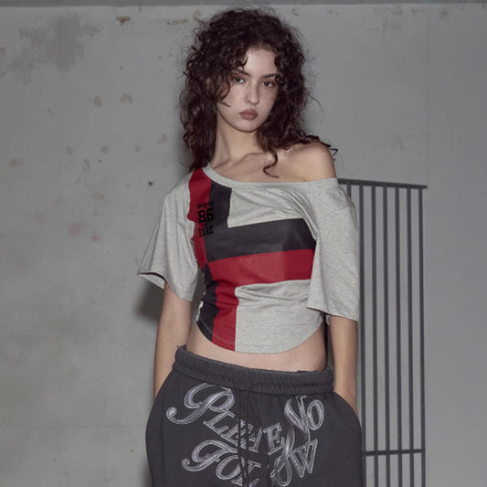 Color-Block Off-Shoulder Tee - Geometric Streetwear Top  |Free Shipping|Crypto Payments