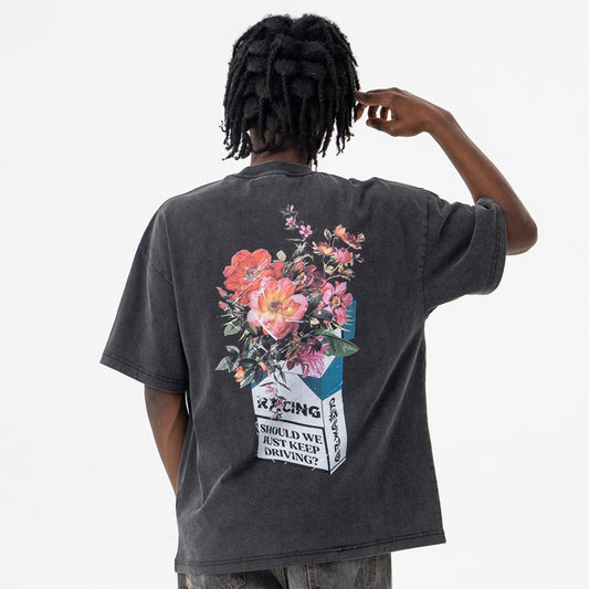 Vintage Floral Letter Graphic Tee - Distressed Oversized Streetwear T-Shirt