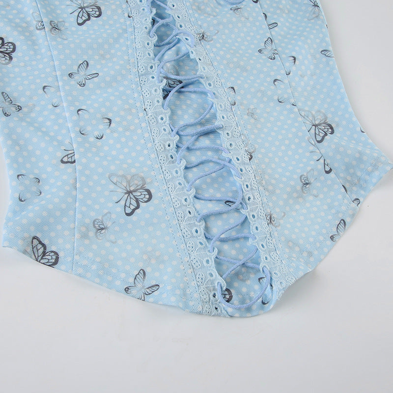 Y2K Mesh Bustier - Butterfly Print Crop Top |Free Shipping|Crypto Payments