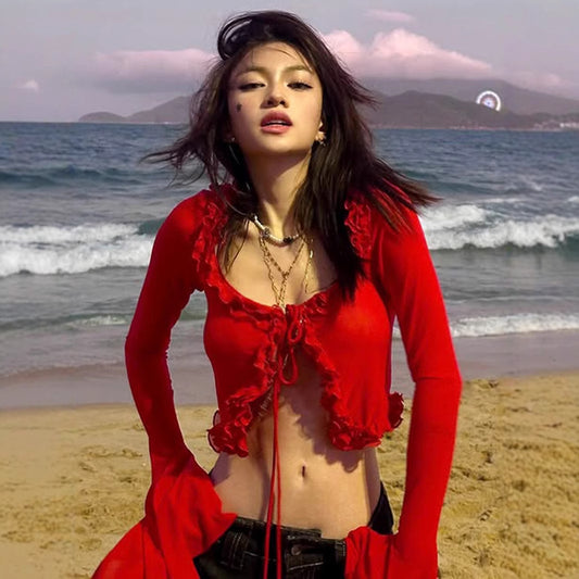 Sexy Mesh Crop Top - Ruffle Bell Sleeve Blouse | Free Shipping|Crypto Payments