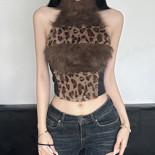 Leopard Print Faux Fur Crop Top - High Neck Cold-Shoulder Bustier | Free Shipping|Crypto Payments