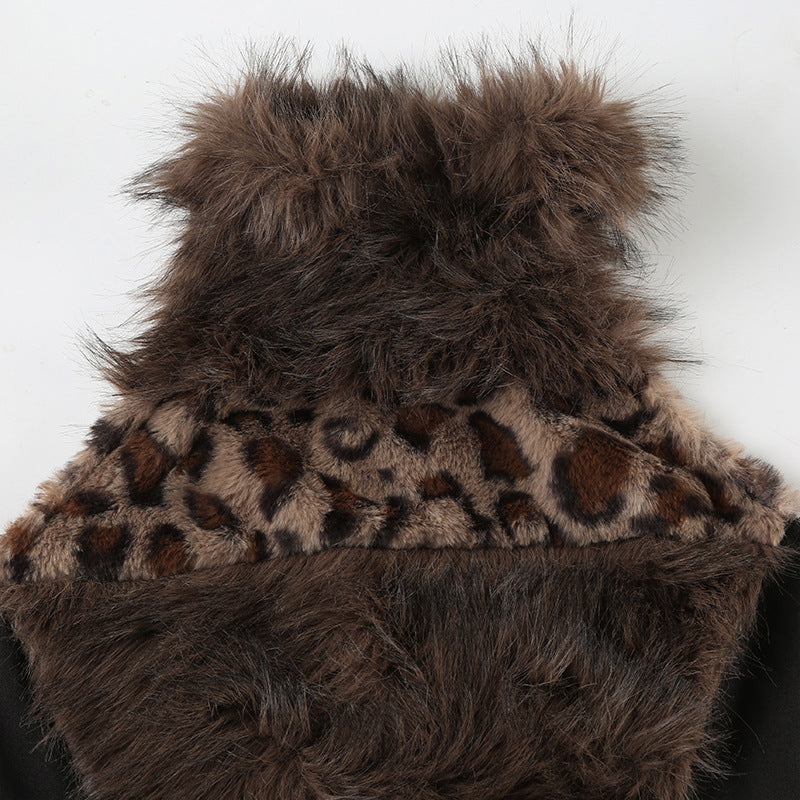 Leopard Print Faux Fur Crop Top - High Neck Cold-Shoulder Bustier | Free Shipping|Crypto Payments