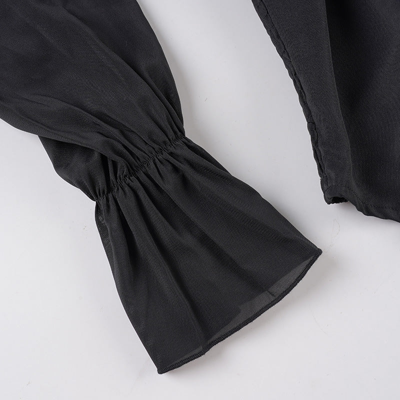 Gothic Off-Shoulder Blouse - Bell Sleeve Button-Up Shirt with Waist Tie | Free Shipping