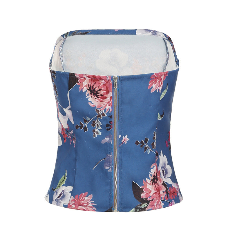 Vintage Floral Print Bustier Crop Top – Stretchy Feminine Layering Piece | Crypto Payments Accepted