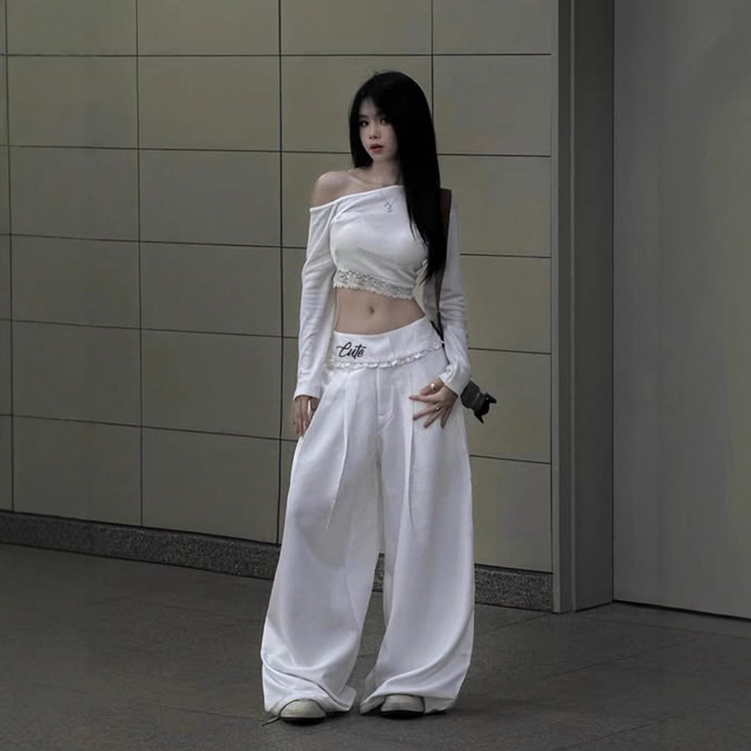 Lace Trim Wide-Leg Pants - Embroidered Waist Trousers | Crypto Payments