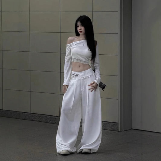 Lace Trim Wide-Leg Pants - Embroidered Waist Trousers | Crypto Payments