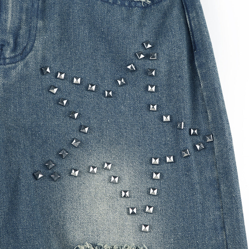Distressed Flare Jeans - Star Studded Wide-Leg Pants |Crypto Payments