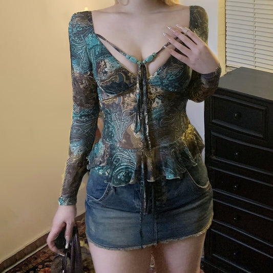Vintage V-Neck Blouse - Flounce Hem Tie-Front Top| Crypto Payments