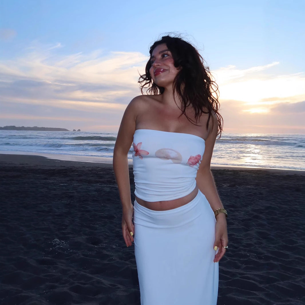 Shell Print Bustier - Off-Shoulder Crop Top | Free Shipping|Crypto Payments