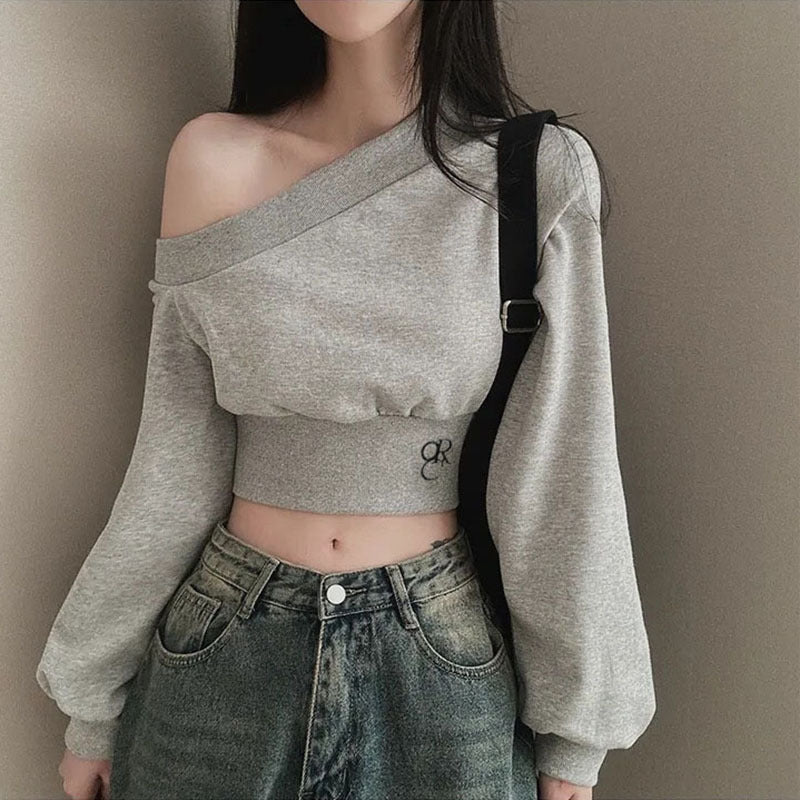 Women's Cropped Off-Shoulder Sweatshirt - Sexy Streetwear Long Sleeve Crop Top| Free Shipping|Crypto Payments