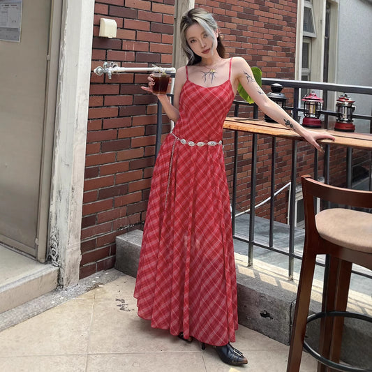 Red Plaid Midi Dress - Feminine Spaghetti Strap Sundress | Crypto Payments