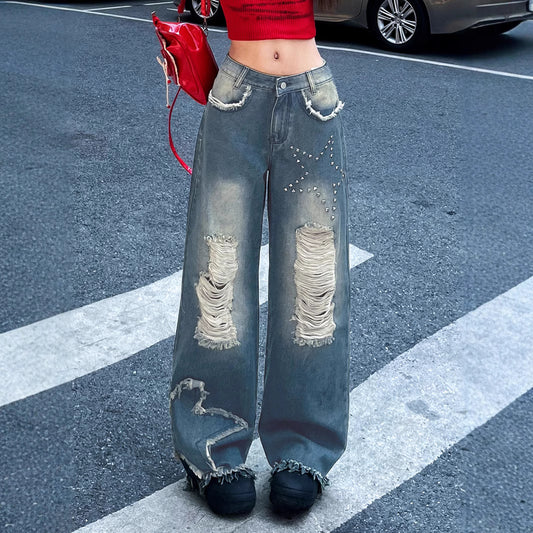Distressed Flare Jeans - Star Studded Wide-Leg Pants |Crypto Payments