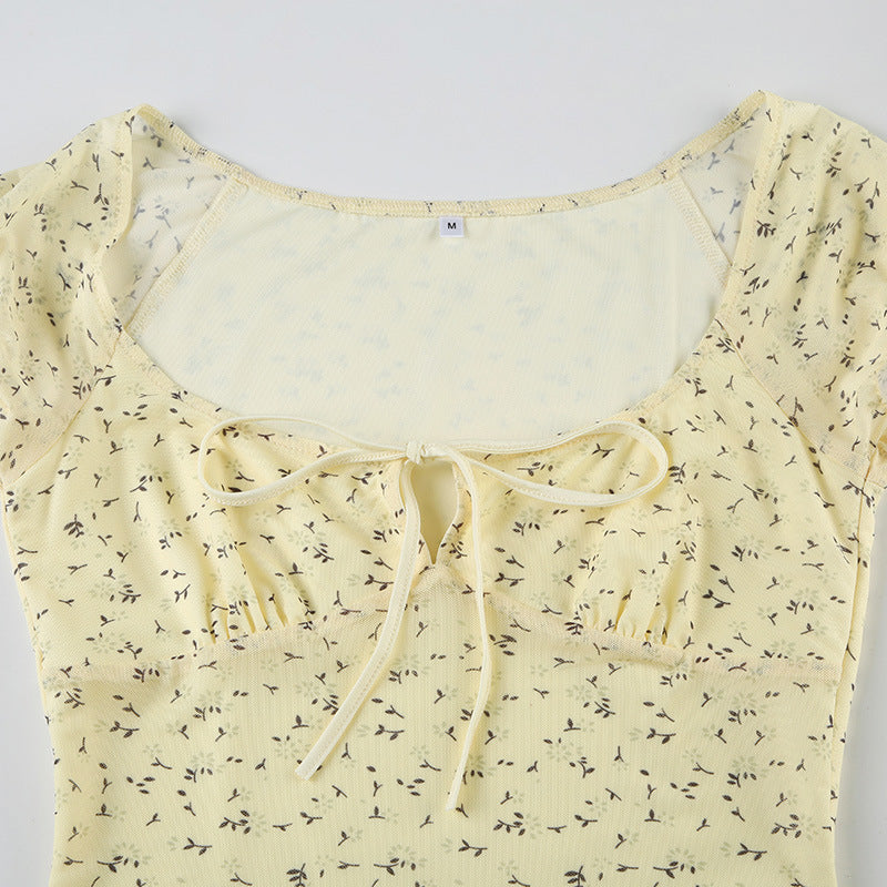 Floral Mesh Crop Top - Sweet & Sexy Tie-Front Tee | Free Shipping|Crypto Payments