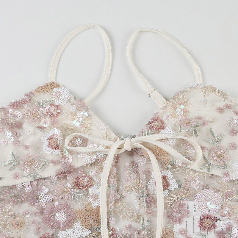 Top de malha transparente com lantejoulas - saída de praia sexy com cadarço | Frete grátis