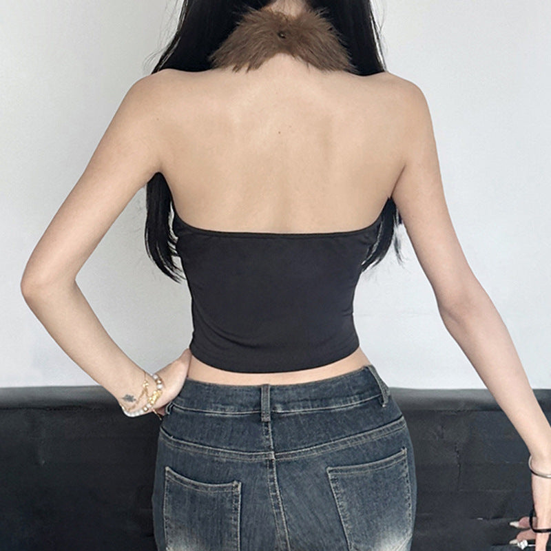 Leopard Print Faux Fur Crop Top - High Neck Cold-Shoulder Bustier | Free Shipping|Crypto Payments