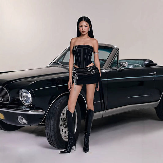 Dark Femme Two-Piece Set - Corset Top & Asymmetric Skirt | Free Shipping|Crypto Payments