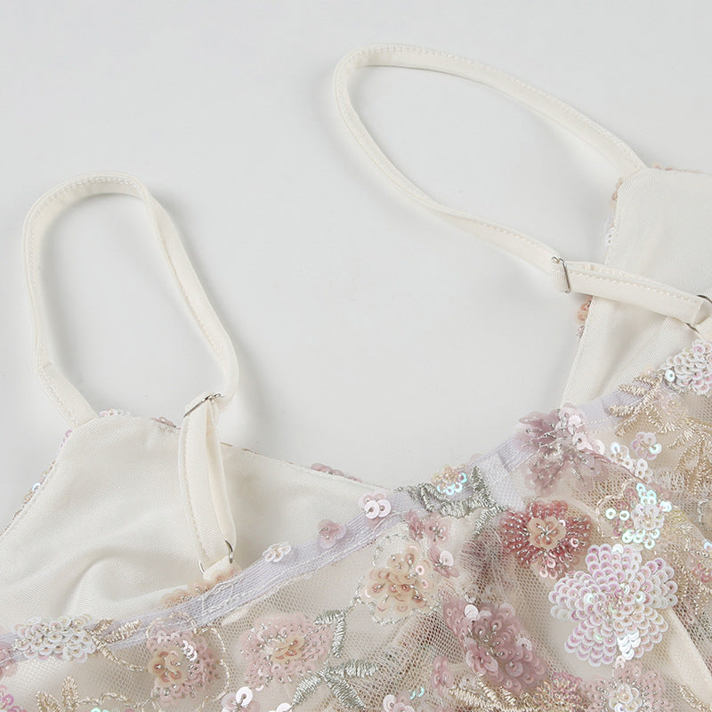 Top de malha transparente com lantejoulas - saída de praia sexy com cadarço | Frete grátis