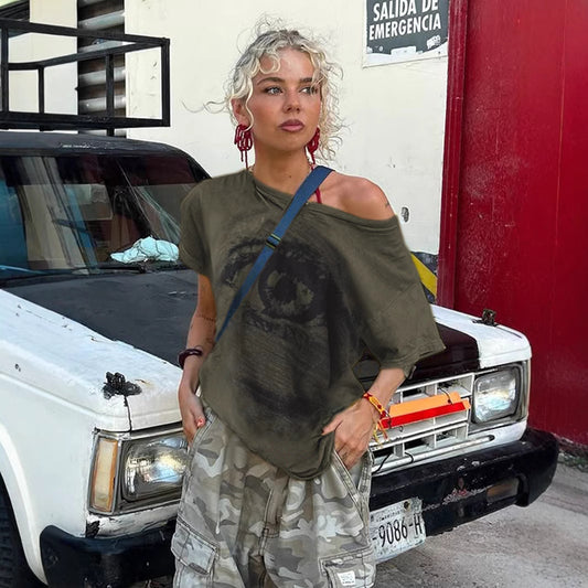 Y2K Abstract Print Tee - Vintage Washed Oversized T-Shirt  Crypto Payments