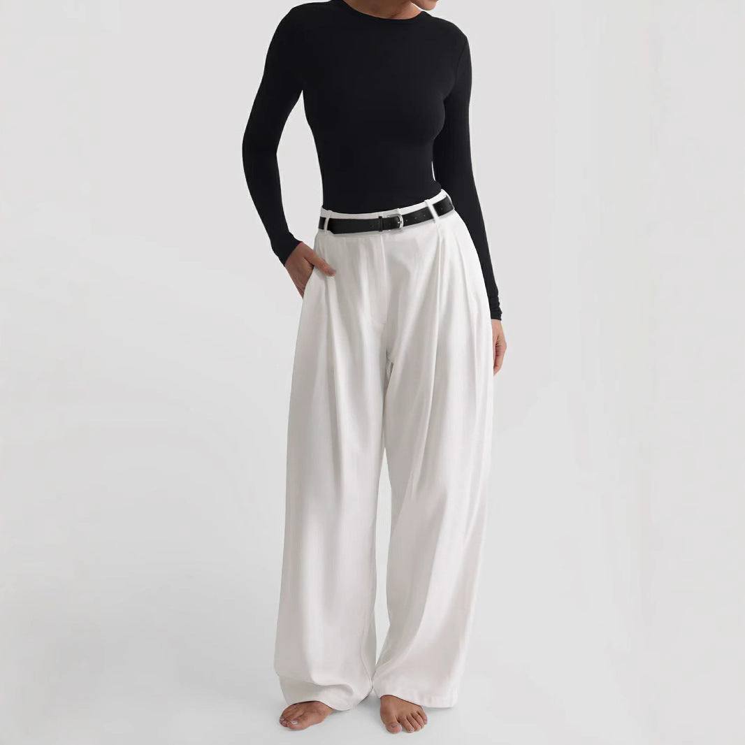 Pleated Wide-Leg Pants - Office Chic Trousers with PU Belt | Crypto Payments