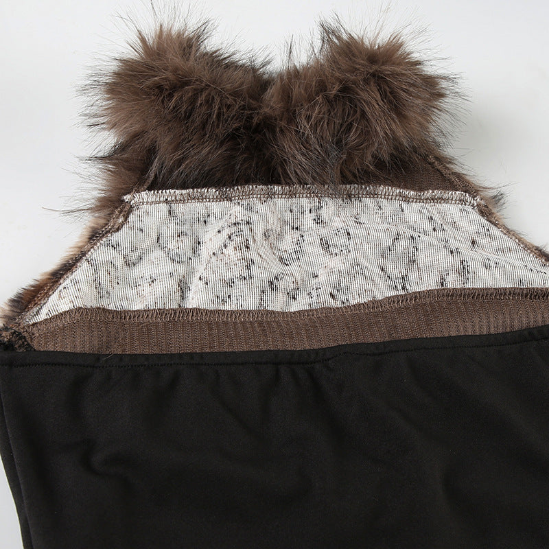 Leopard Print Faux Fur Crop Top - High Neck Cold-Shoulder Bustier | Free Shipping|Crypto Payments