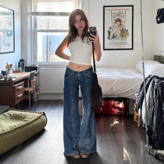 Y2K Wide-Leg Jeans - Distressed Blue Denim Pants | Crypto Payments