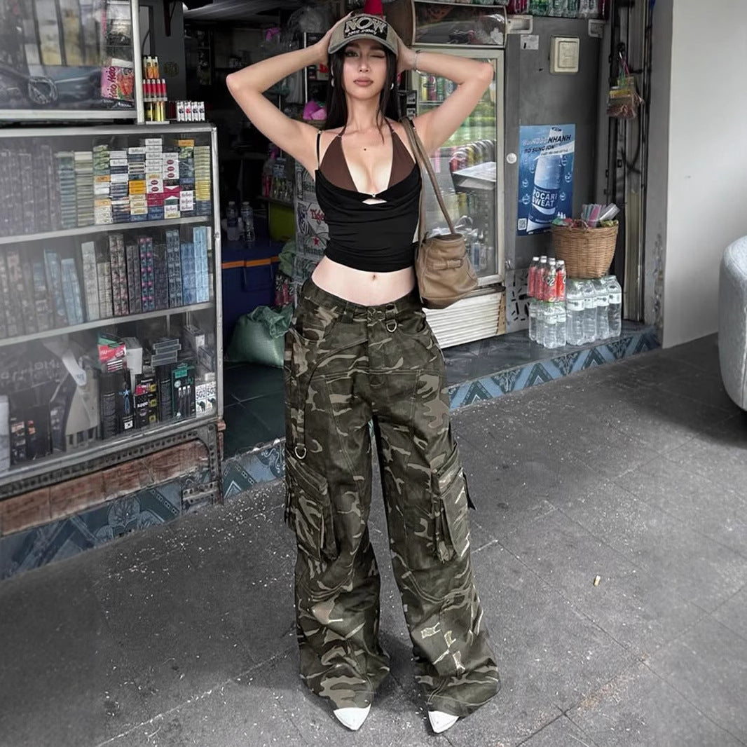 Retro Camo Cargo Pants - Women's Low-Rise Streetwear Trousers | Free Shipping
