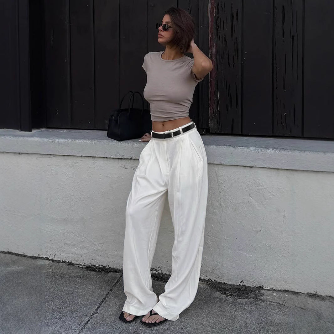 Pleated Wide-Leg Pants - Office Chic Trousers with PU Belt | Crypto Payments