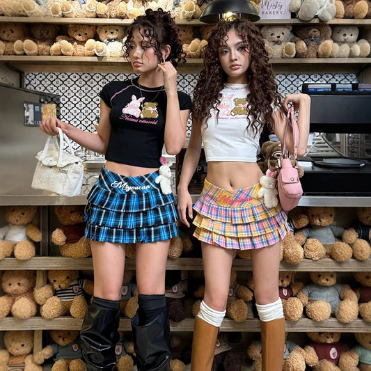 Y2K Checkered Skirt - Low-Rise Rainbow Pleats | Free Shipping| Crypto Payments