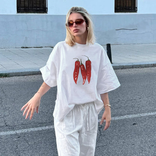 Edgy Graphic Chili T-Shirt - Street Style Loose Fit Top for Women | Free Shipping|Crypto Payments