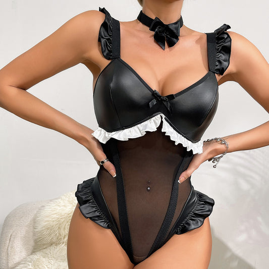 Black Faux Leather Bodysuit - Cute & Edgy Women's Outfit | Crypto Accepted