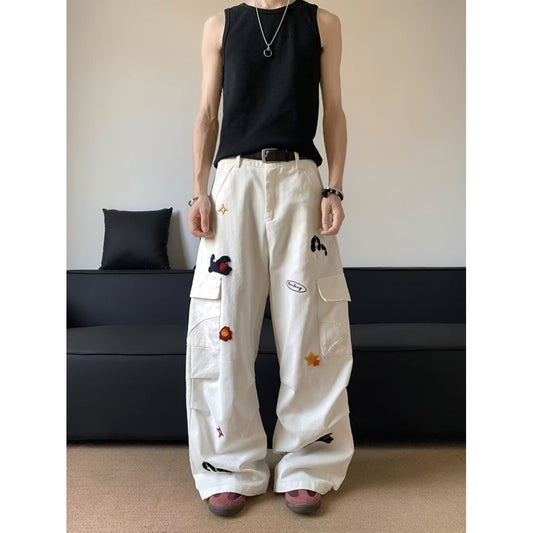White Embroidered Workwear Jeans – Unisex Retro Streetwear | Loose Straight-Leg Fit | Free Shipping | Crypto Accepted
