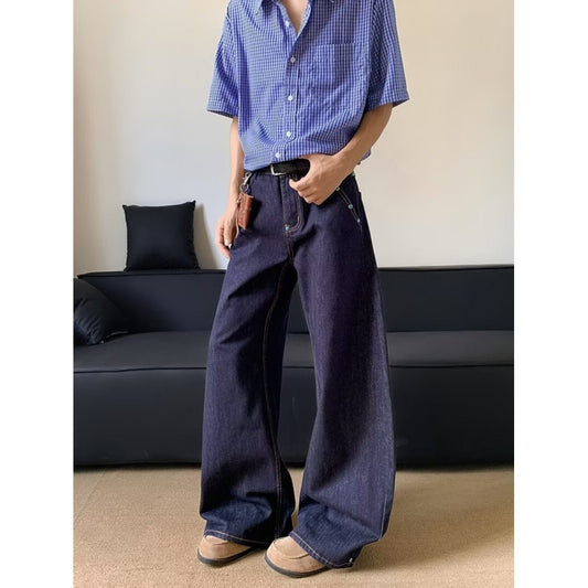 Retro Turquoise Scimitar Jeans – Unisex Clean Fit Raw Denim | Dark Blue Wide-Leg Streetwear | Free Shipping | Crypto Accepted