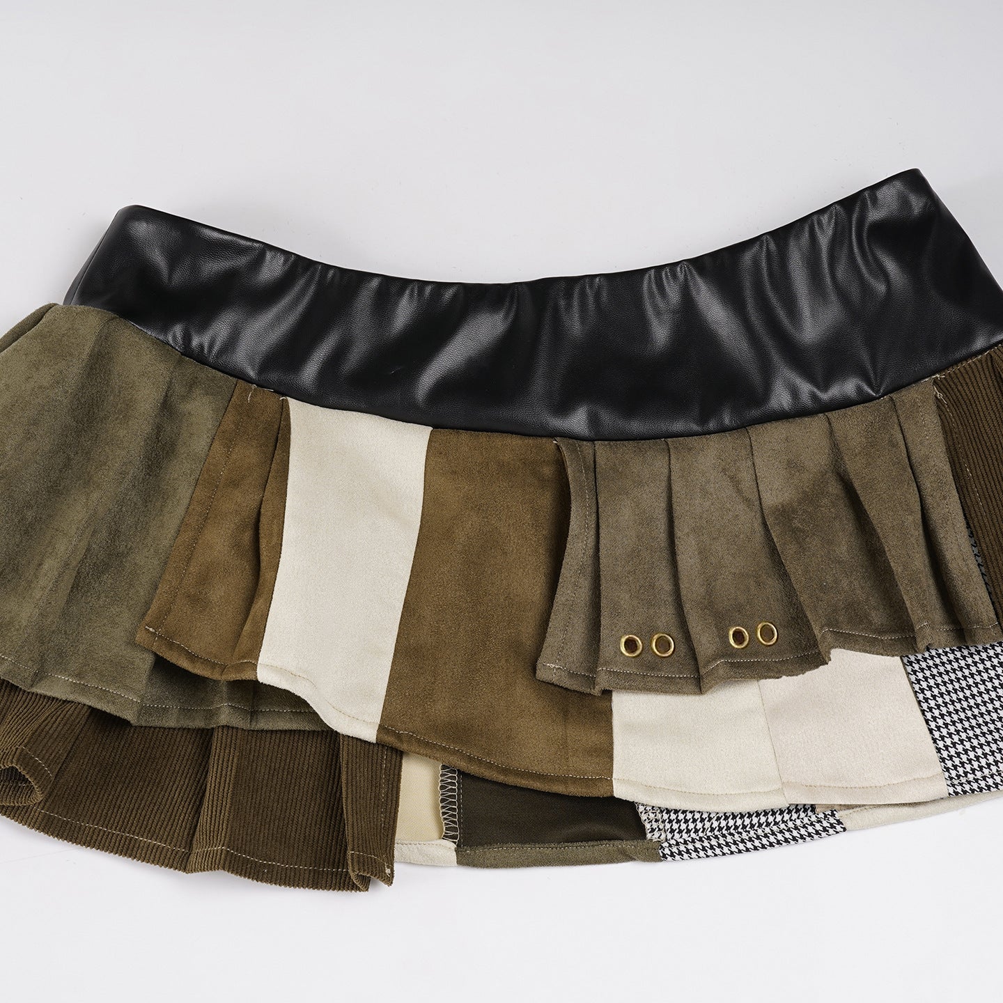 Leather-Panel Pleated Skirt - Edgy Asymmetrical Biker Mini | Crypto Payments